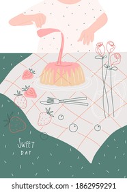 Woman making beautiful cake with strawberries. Home bakery. Vector design of postcard, print, cover and other users