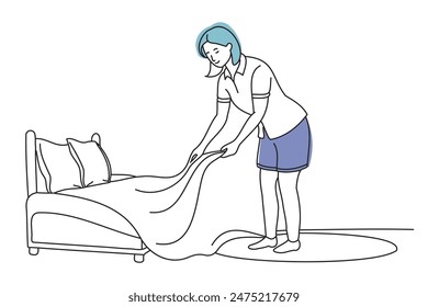 woman making the bed in the bedroom, doodle continuous line art vector illustration