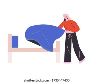 Woman Making Bed At Home In Morning Vector Illustration