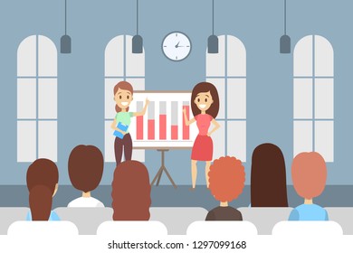 Woman making business presentation in front of group of people. Team presenting business plan on seminar. Flat vector illustration