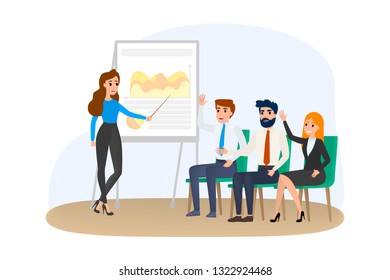 Woman making business presentation in front of group of people. Presenting business plan on seminar. Training and education. Flat vector illustration