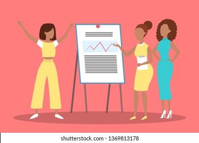 Woman making business presentation in front of group of people. Team presenting business plan on seminar. Flat vector illustration