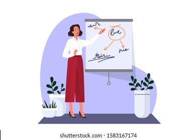 Woman making business presentation and pointing at the board. Presenting business plan on seminar. Vector illustration in cartoon style