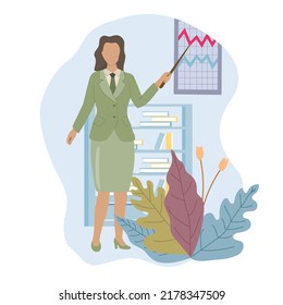 Woman making business presentation and pointing at the board. Presenting business plan . Vector illustration in cartoon style