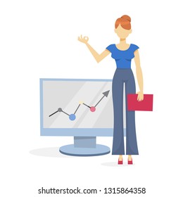 Woman making business presentation. Presenting business plan on seminar. Vector illustration in cartoon style
