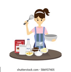 Woman making cake, with cake ingredients on the table , cartoon isolated on white background vector