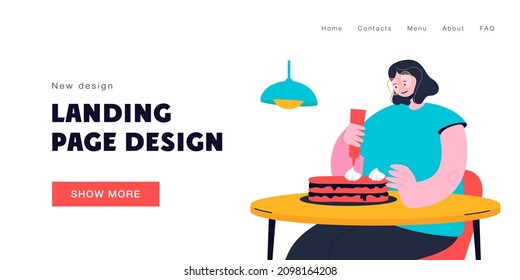 Woman making cake vector illustration. Young female character in casual clothing making cake, housewife in housework activity. Cooking concept for banner, website design or landing web page