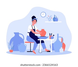 Woman making ceramic vase in workshop vector illustration. Equipment for pottery and ceramic products, handmade tableware for home decoration. Craft, hobby, sculpting tranquility concept