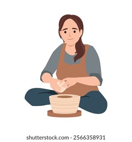 Woman making ceramic vase in workshop. Flat vector illustration isolated on white background