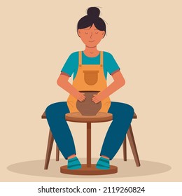Woman making ceramics on a pottery wheel. Pottery workshop, pottery hobby. Ceramic craft master. Ceramic kitchenware. Cute handmade ceramic plates, mugs, sugar bowl, teapots, dishes. Flat vector