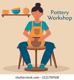 Woman making ceramics on a pottery wheel. Pottery workshop, pottery hobby. Ceramic craft master. Ceramic kitchenware. Cute handmade ceramic plates, mugs, sugar bowl, teapots, dishes. Flat vector