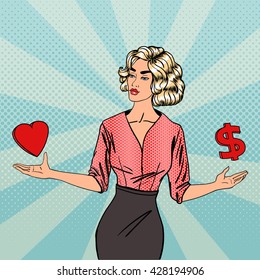 Woman Making a Choice Between Love and Money. Businesswoman With Wide Open Arms. Pop Art. Vector illustration