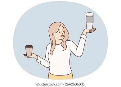 Woman making choice between reusable thermos for tea and disposable paper cup for takeaway coffee. Concepts moving away from disposable tableware, for care of nature and reduction harmful emissions