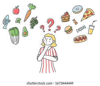 Woman making choice for her diet flat vector illustration. Female character thinking about healthy and unhealthy food. Good vs bad choice. Health, snack and junk food concept.