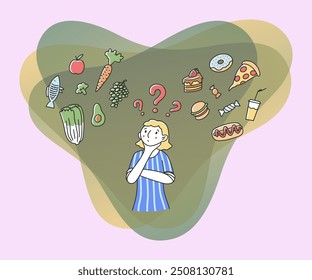 Woman making choice for her diet flat vector illustration. Female character thinking about healthy and unhealthy food. Good vs bad choice. Health, snack and junk food concept.