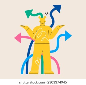 Woman making choices, decisions.  Opportunities concept. Colorful vector illustration