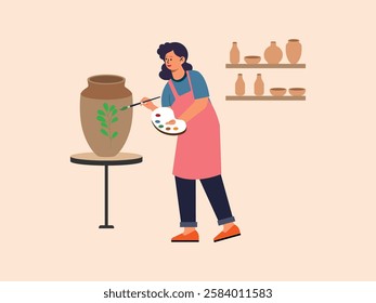 Woman is making clay crafts that are shaped into vases of various sizes, she is also decorating the vase by painting it.
design, illustration, vector