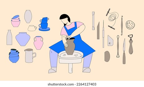 Mujer haciendo jarrón de arcilla en clase de cerámica detrás del volante de alfarero. Conjunto de objetos de arcilla que incluyen jarrones, tazas, tazas y herramientas de escultura. Plantilla de banner. Ilustración vectorial aislada colorida.