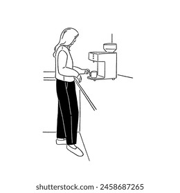 Woman making coffee with coffee machine at pantry People lifestyle Hand drawn Line art Illustration