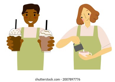 Woman is making coffee . Man holds drinks in his hands. Vector people barista at work in a cafe isolated on white background.