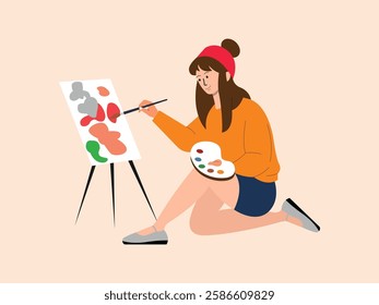 Woman is making a craft, she is making a painting, the tools she uses, brushes, color paints, palettes, and canvas.
design, illustration, vector