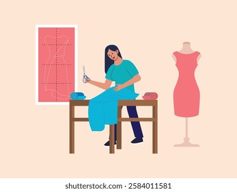 Woman is making crafts from color fabric, she will make some clothes and dresses from the fabric, the tools used are scissors, color fabric, tape measure, and thread.
design, illustration, vector