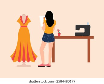 Woman is making crafts from color fabrics, she will make some clothes and dresses from the fabric, she also makes her own clothes design, the tools used are sewing machines, scissors, measuring tape.