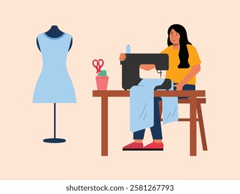 The woman is making crafts, she is sitting sewing a shirt from the fabric she cut, the tools she uses such as a sewing machine, scissors, thread and measuring.
design, illustration, vector