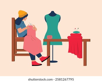 woman is making crafts, she is sitting knitting a shirt, the tools she uses such as yarn, scissors, needles, tape measure.
design, illustration, vector