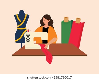 woman is making crafts, she is sitting sewing a shirt and dress from the fabric, the tools she uses such as thread, scissors, needles, measuring tape.
design, illustration, vector