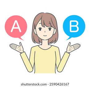 A woman making a decision between option A and option B, symbolizing choice and decision-making.