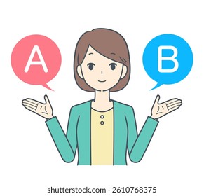 A woman making a decision between option A and option B, symbolizing choice and decision-making.