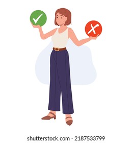 woman making decision between two options.Right or wrong.Flat vector cartoon character illustration.