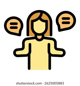Woman making a decision, choosing between two options, chatting and thinking, making a choice, expressing her opinion