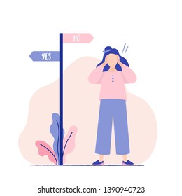 Woman making decision. Woman confused by hard choice. Direction sign. Difficult choice, search of balance, decision making. Yes or no. Vector illustration.