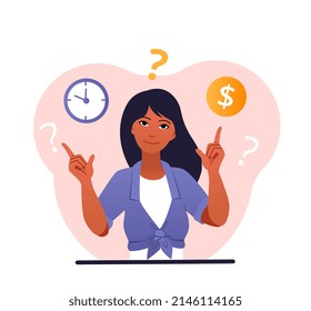 Woman making decision. Girl evaluates financial and time resources. Novice investor analyzes deal. Work or personal life, key choice, people searching balance. Cartoon flat vector illustration
