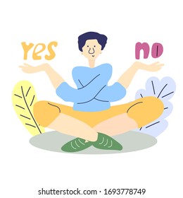 Woman making decision. Hard choice. Difficult choice, decision making. Yes or no. Vector illustration.