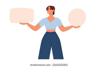 Woman making decision. Person doubting,choosing between two alternatives, solving problems. Dilemma concept. Flat vector illustration