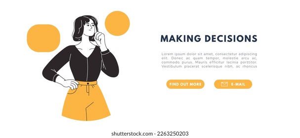 Woman making decision. Person doubting,choosing between two alternatives, solving problems. Dilemma concept. Flat vector illustration