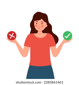 Woman making decision. Right or wrong concept vectors illustration.