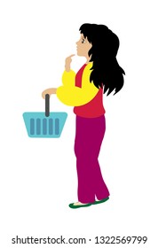 Woman making decision in shop. Thinkung woman.