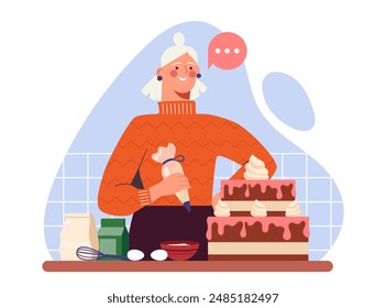 Woman making dessert. Young girl prepares cake at home. Dessert and delicacy. Housewife with homemade pastry and bakery. Eggs and flour. Flat vector illustration isolated on white background