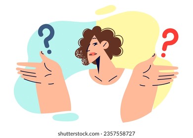 Woman making difficult choice from two options spreads hands, standing near question marks. Girl is trying to make important decision and make choice between career and business or family.