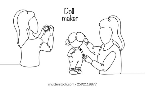 A woman making dolls by hand. She paints the head of the future doll with special paints and admires the finished doll. Working on making a doll. Isolated vector for different uses.