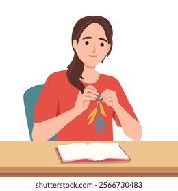 Woman making a dream catcher from threads. Flat vector illustration isolated on white background