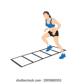 Woman Making Drill Training On Agility Ladder. Vector Illustration Isolated On White Background