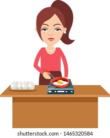 Woman making eggs, illustration, vector on white background.