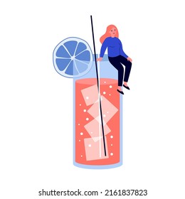 Woman making fresh fruit juice with ice flat vector illustration. Summer beverage and drink concept.