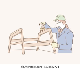 A woman making furniture in a furniture studio. hand drawn style vector design illustrations.