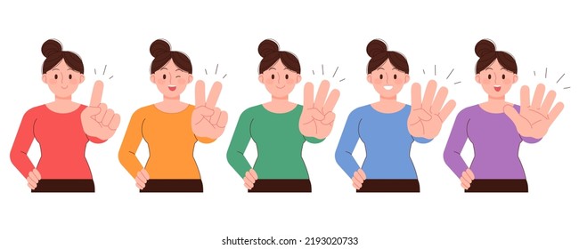 A woman making a gesture expressing the numbers 1,2,3,4,5 with her fingers. Counting concept figures vector illustration. svg